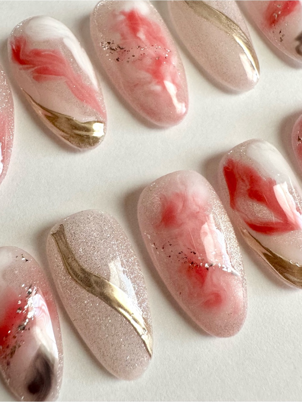 Hand-Painted Marble Press-On Nails in Blush, Coral & Gold - Picture 2 of 5